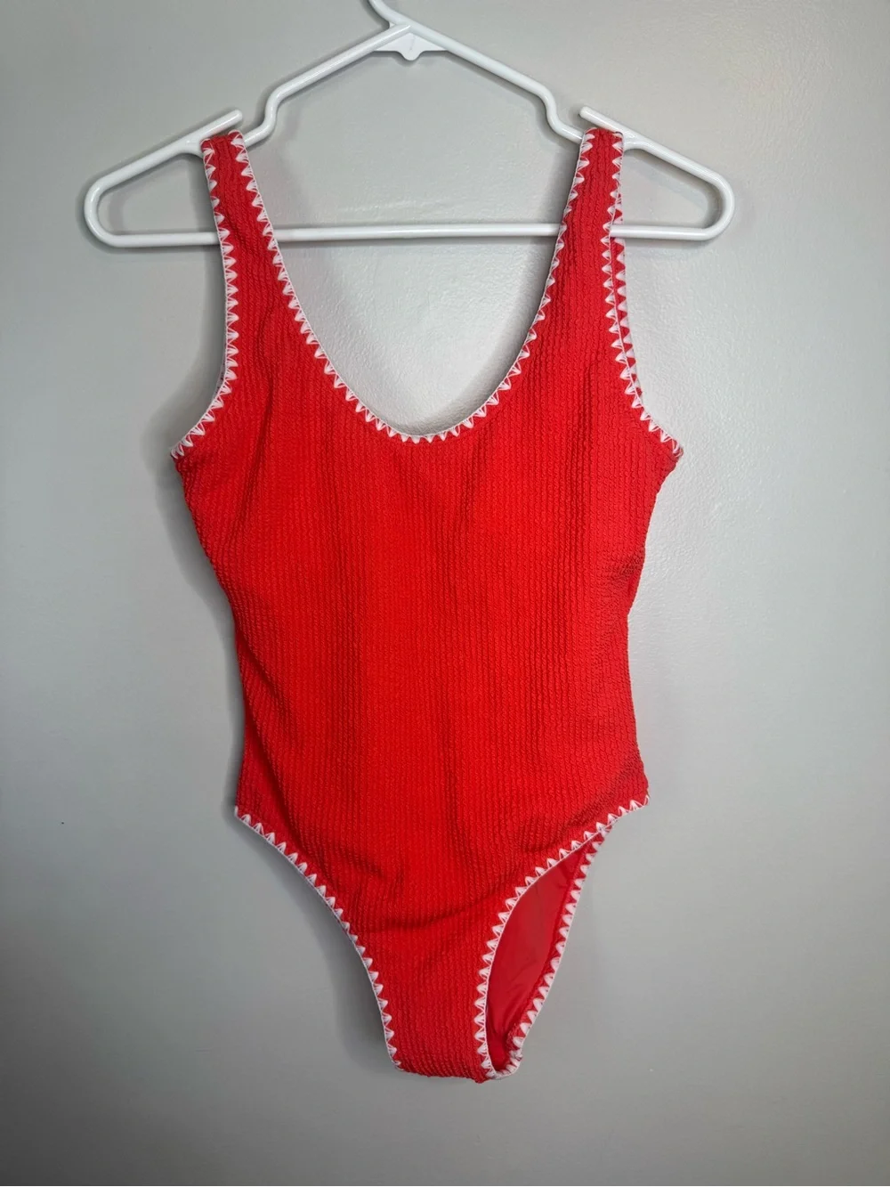 Coral Textured One-Piece Swimsuit with White Trim - Picture 3 of 6